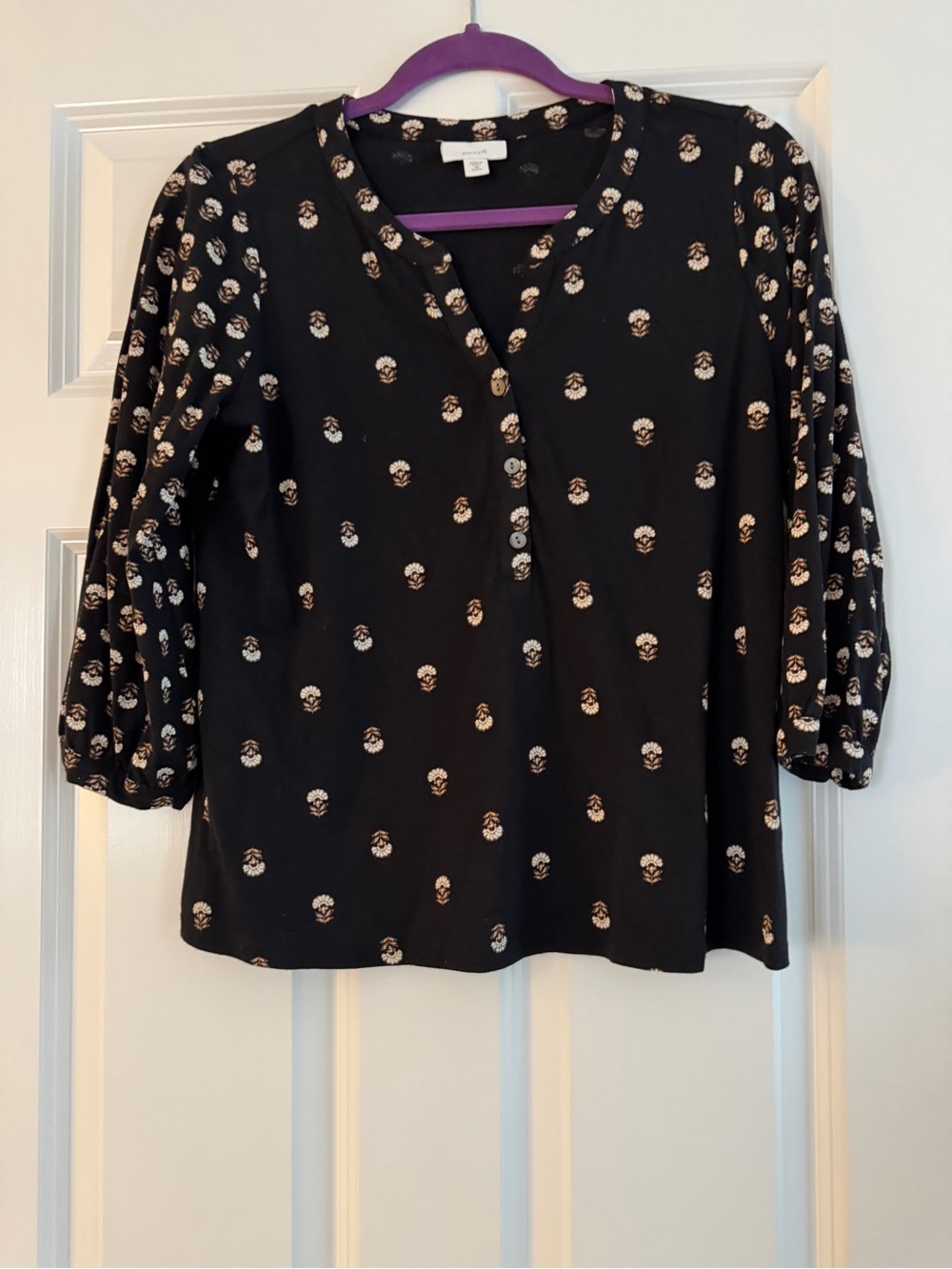 J. Jill Black Blouse with Cream Floral Dot Print